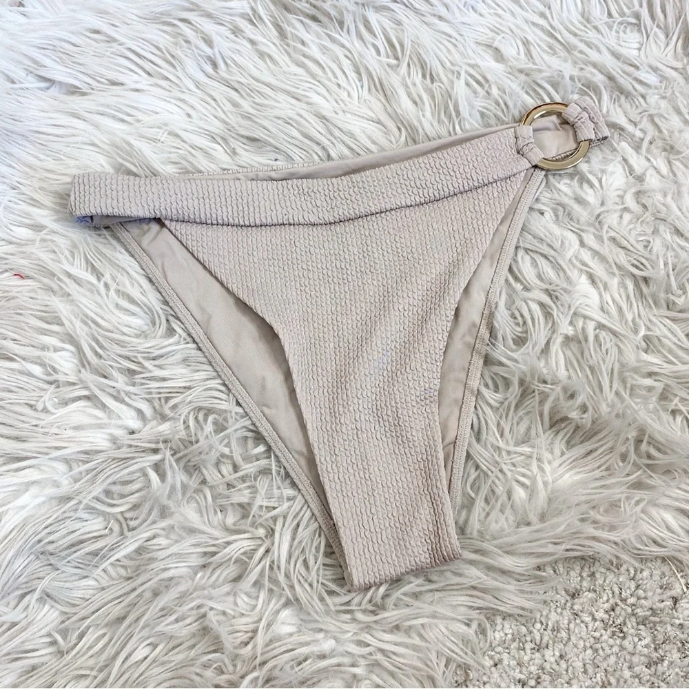 Monday Swimwear Taupe Grey Crinkle Gold Ring Bikini Bottoms